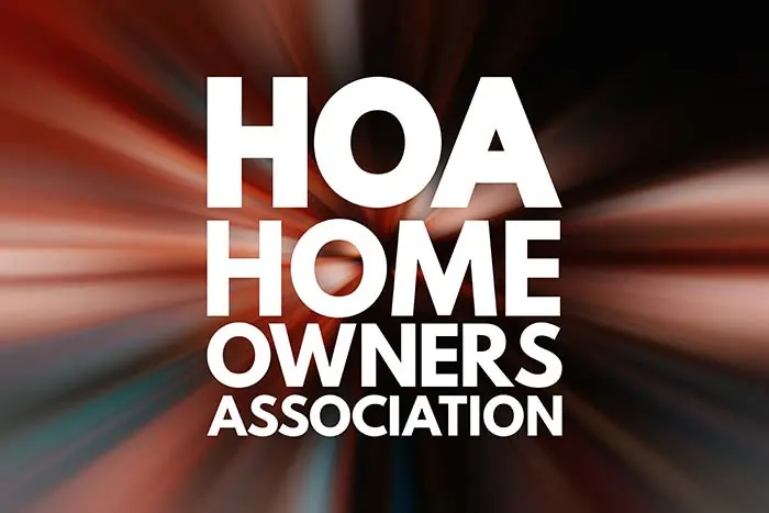 Image for the HOA management page with white text and a colorful background saying "HOA, home owners association"