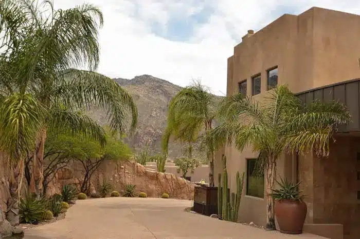 A long driveway lined with palm trees and cacti, with a beige two-story rental home situated beside it.